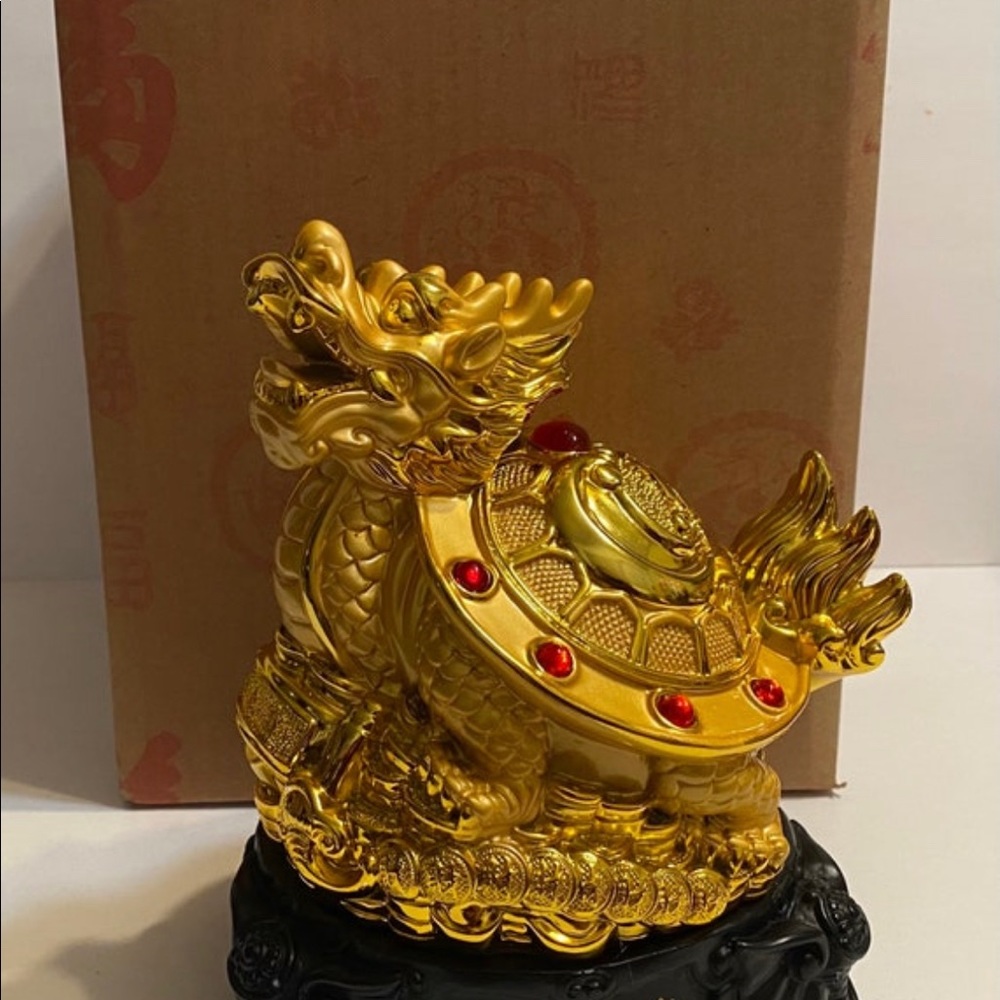 Gold Dragon Turtle Tortoise Statue With Base 8” - Picture 4 of 8
